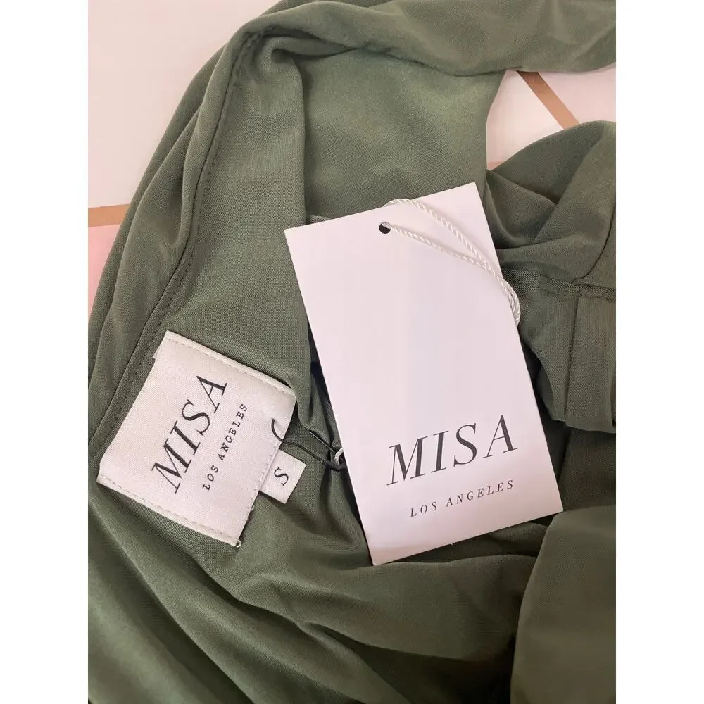 NWT MISA Los Angeles Olive Green Leza Gathered Crossover Tulip Maxi Dress Size S